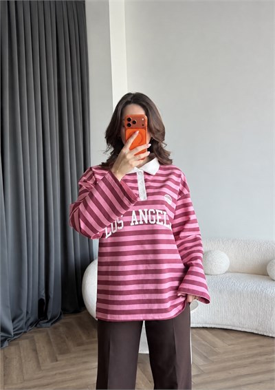 Polo Yaka Çizgili Yazı Detay Oversize Sweat Pembe Beyaz Yaka 2478