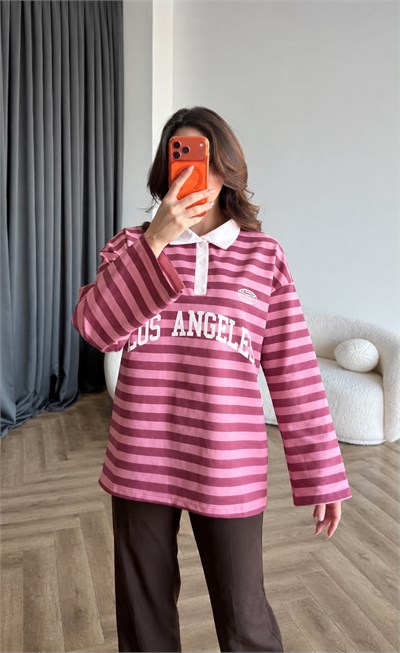 Polo Yaka Çizgili Yazı Detay Oversize Sweat Pembe Beyaz Yaka2478