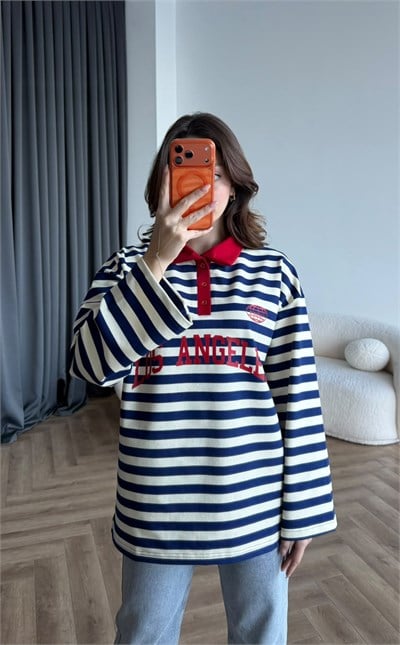 Polo Yaka Çizgili Yazı Detay Oversize Sweat Lacivert 2478