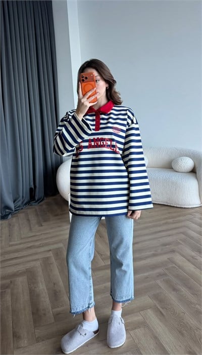 Polo Yaka Çizgili Yazı Detay Oversize Sweat Lacivert 2478