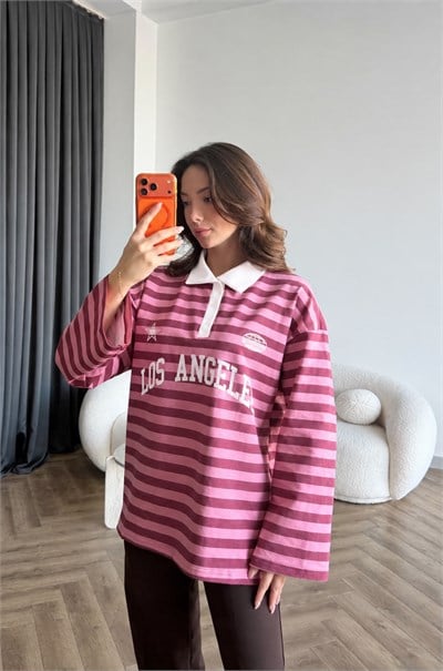 Polo Yaka Çizgili Yazı Detay Oversize Sweat Pembe Beyaz Yaka 2478
