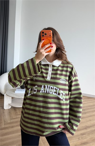 Polo Yaka Çizgili Yazı Detay Oversize Sweat Yeşil 2478