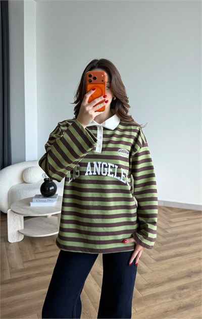 Polo Yaka Çizgili Yazı Detay Oversize Sweat Yeşil 2478