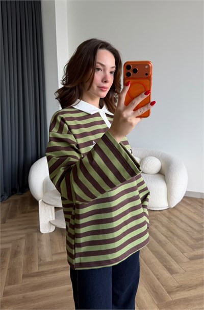 Polo Yaka Çizgili Yazı Detay Oversize Sweat Yeşil 2478