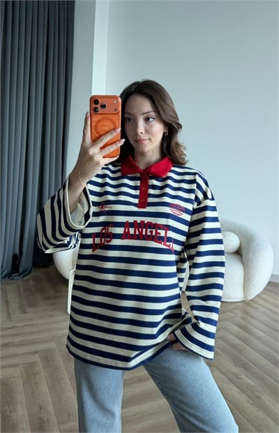 Polo Yaka Çizgili Yazı Detay Oversize Sweat Lacivert 2478