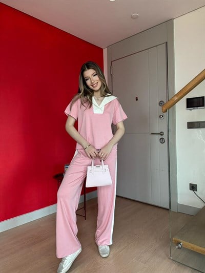 Polo Yaka Garne Detay Tişört ve Pantolonlu Modal İkili Takım Pudra 2196