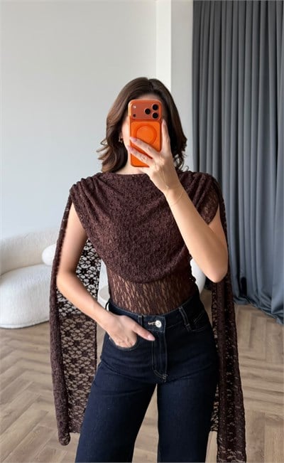 Şal Yaka Omuz Saçaklı Dantel Bodysuit Acı Kahve 2488