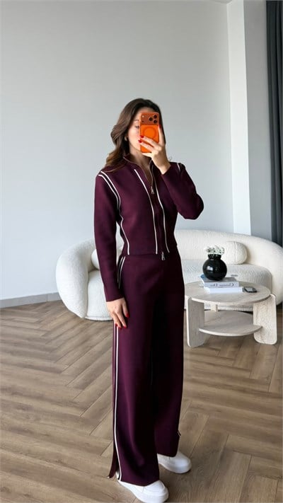 Şerit Detay Çift Fermuarlı Hırka ve Pantolonlu Triko Takım Bordo 2529