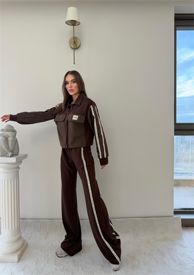 Şeritli Paraşüt Detay Hırka ve Pantolonlu Modal İkili Takım Acı Kahve
