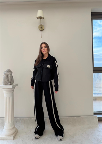 Şeritli Paraşüt Detay Hırka ve Pantolonlu Modal İkili Takım Siyah