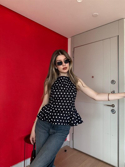 Sıfır Kol Bel Volanlı Puantiyeli Bluz Siyah 2245