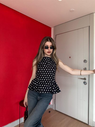 Sıfır Kol Bel Volanlı Puantiyeli Bluz Siyah 2245