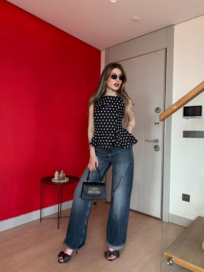 Sıfır Kol Bel Volanlı Puantiyeli Bluz Siyah 2245