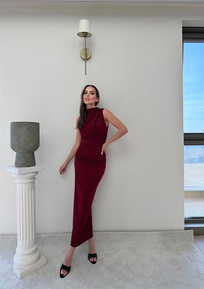 Sıfır Kol Drape Detay Uzun Sandy Elbise Bordo 2075