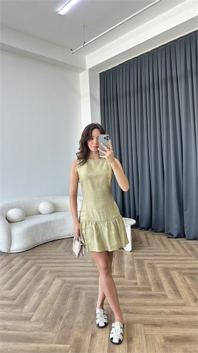 Sıfır Kol Etek Volanlı Keten Elbise Çağla Yeşili 2389