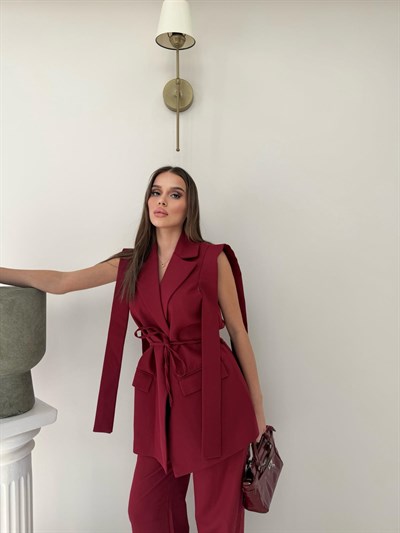 Sıfır Kol Omuz Sacaklı Belden Bağlamalı Yelek Ve Pantolonlu Double Kumaş İkili Takım Bordo 2078
