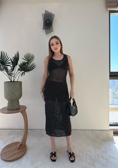 Sıfır Kol Simli Plaj Elbise Siyah 2379