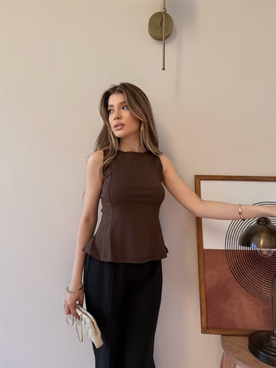 Sıfır Kol Volanlı Modal Bluz Kahve 2342