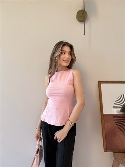 Sıfır Kol Volanlı Modal Bluz Pembe 2342