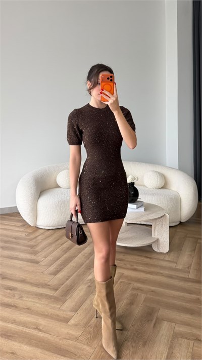 Simli Triko Elbise Acı Kahve 2510