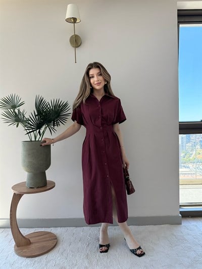 Sırt Bağlama Detay Bel Drape Uzun Gömlek Elbise Bordo 2351