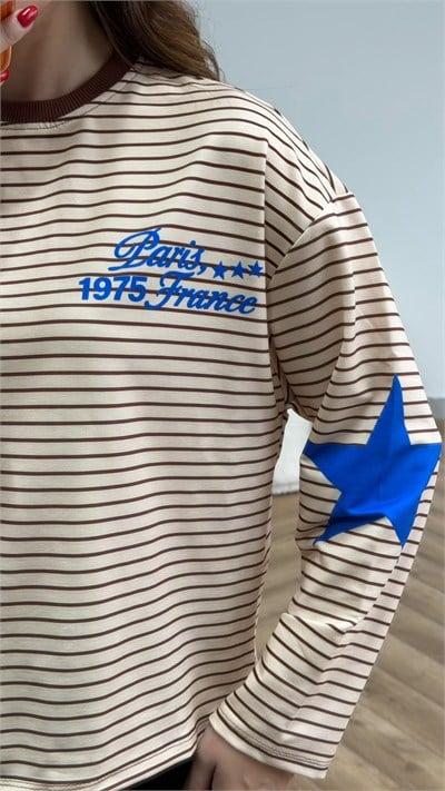 kol yıldız Sırt Baskı Kol Yıldız Detay Çizgili Sweat Bej 2559