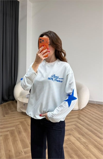  kol yıldız Sırt Baskı Kol Yıldız Detay Çizgili Sweat Beyaz 2559