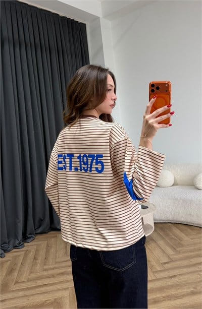 kol yıldız Sırt Baskı Kol Yıldız Detay Çizgili Sweat Bej 2559