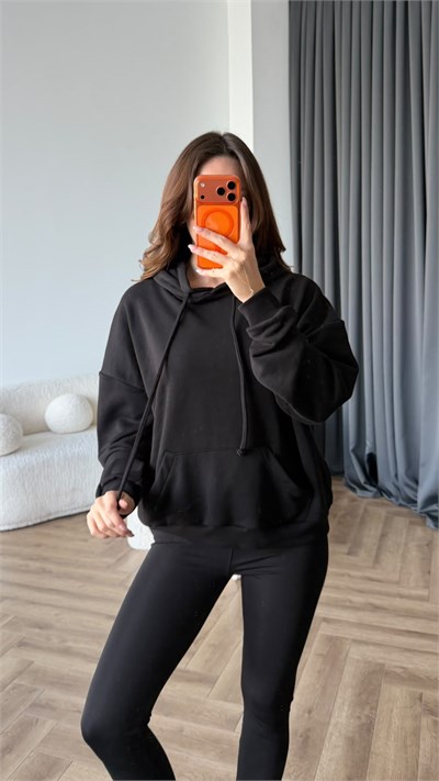 Sırt Nakiş Detay Kapişonlu Sweat Siyah 2456