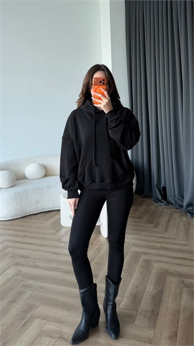 Sırt Nakiş Detay Kapişonlu Sweat Siyah 2456