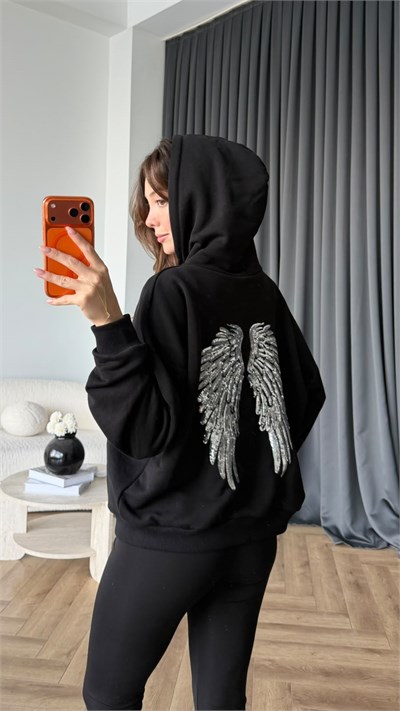 Sırt Nakiş Detay Kapişonlu Sweat Siyah 2456