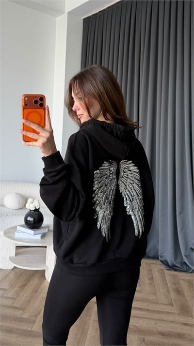 Sırt Nakiş Detay Kapişonlu Sweat Siyah 2456