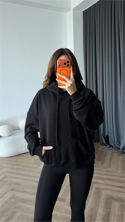 Sırt Nakiş Detay Kapişonlu Sweat Siyah 2456