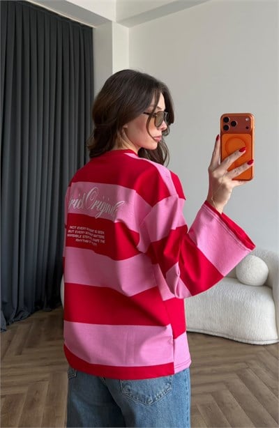 Sırt Ve Ön Baskı Detay Çizgili Viral Sweat Pembe 2491
