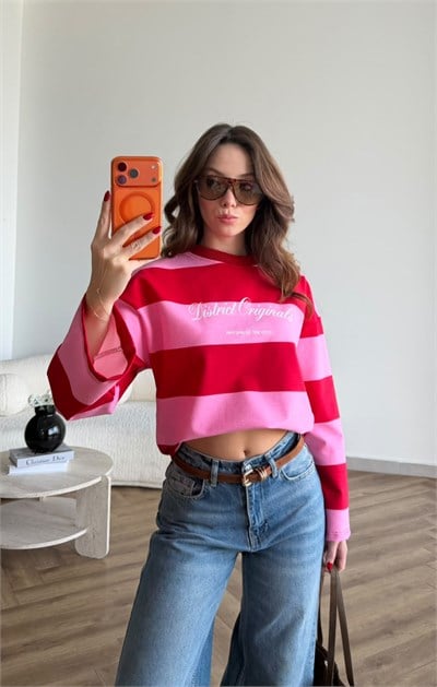 Sırt Ve Ön Baskı Detay Çizgili Viral Sweat Pembe 2491