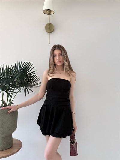 Straplez Bel Drape Detay İç Astarlı Şortlu Sandy Elbise Siyah 2294