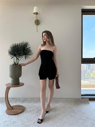Straplez Bel Drape Detay İç Astarlı Şortlu Sandy Elbise Siyah 2294