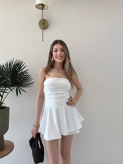Straplez Bel Drape Detay İç Astarlı Şortlu Sandy Elbise Beyaz 2294