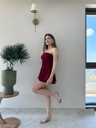 Straplez Bel Drape Detay İç Astarlı Şortlu Sandy Elbise Bordo 2294