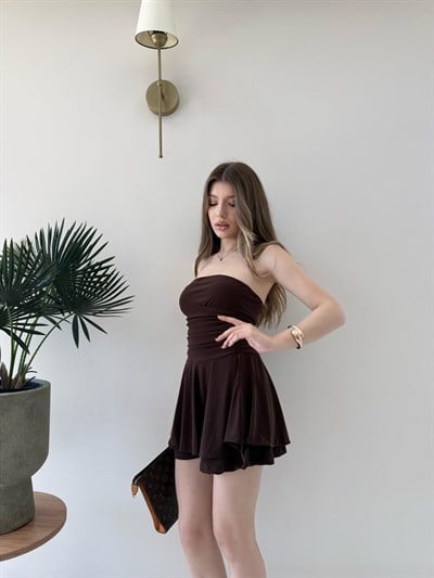Straplez Bel Drape Detay İç Astarlı Şortlu Sandy Elbise Kahve 2294