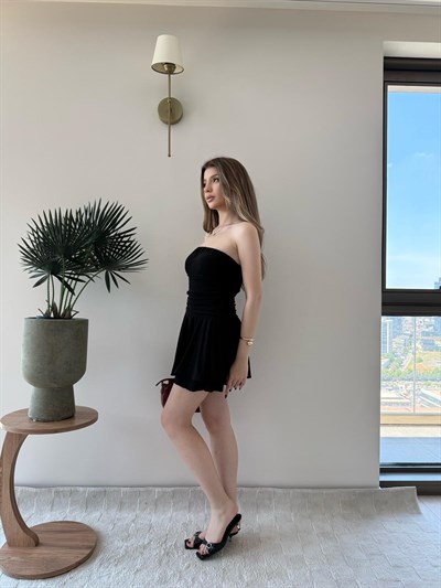 Straplez Bel Drape Detay İç Astarlı Şortlu Sandy Elbise Siyah 2294