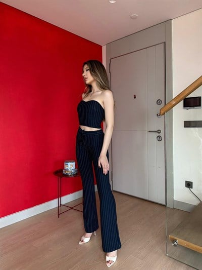 Straplez Bluz ve Pantolonlu Çizgili Crep İkili Takım Lacivert 2195