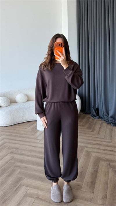 Sweat ve Pantolonlu Modal İkili Takım Kahve 2464