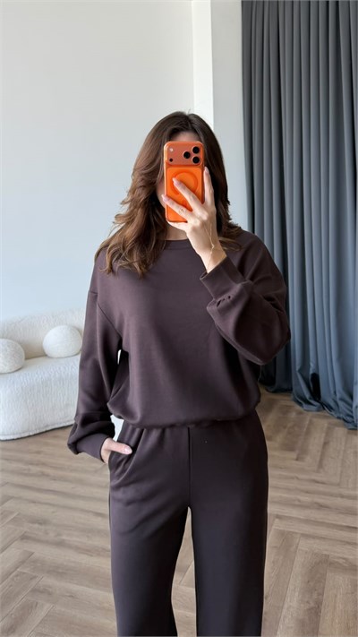 Sweat ve Pantolonlu Modal İkili Takım Kahve 2464