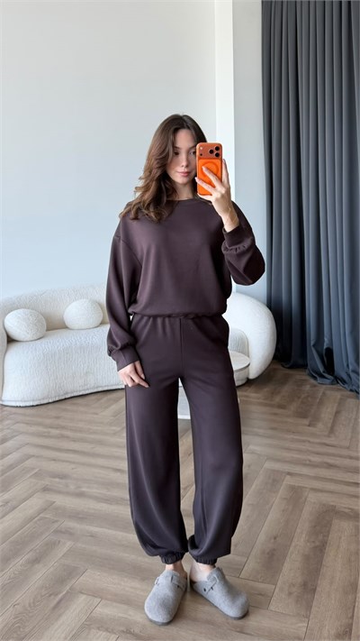 Sweat ve Pantolonlu Modal İkili Takım Kahve 2464