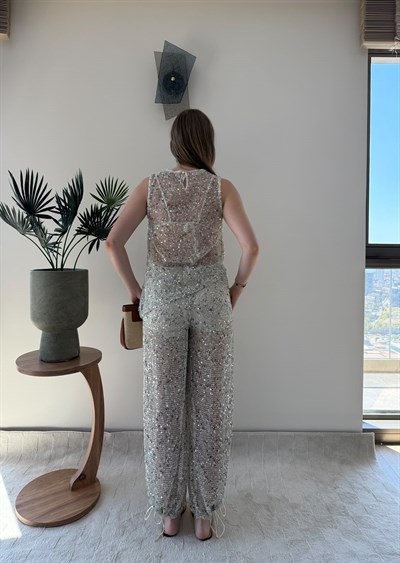 Taşlı Asimetrik Bluz ve Pantolonlu İkili Plaj Takım Gri 2358
