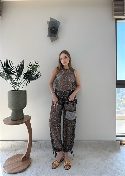 Taşlı Asimetrik Bluz ve Pantolonlu İkili Plaj Takım Siyah 2358