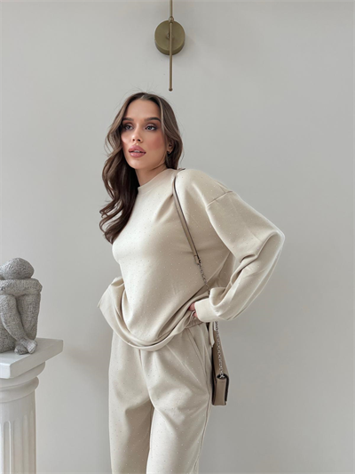 TAŞLI OVERSİZE SWEAT VE PANTOLONLU MODAL İKİLİ TAKIM BEJ 2003