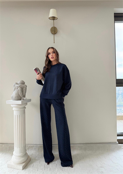 TAŞLI OVERSİZE SWEAT VE PANTOLONLU MODAL İKİLİ TAKIM LACİVERT 2003