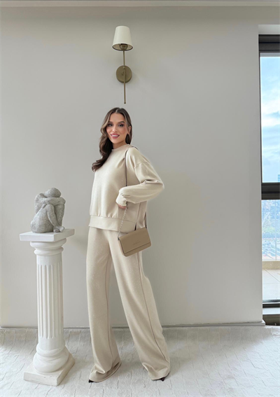 TAŞLI OVERSİZE SWEAT VE PANTOLONLU MODAL İKİLİ TAKIM BEJ 2003